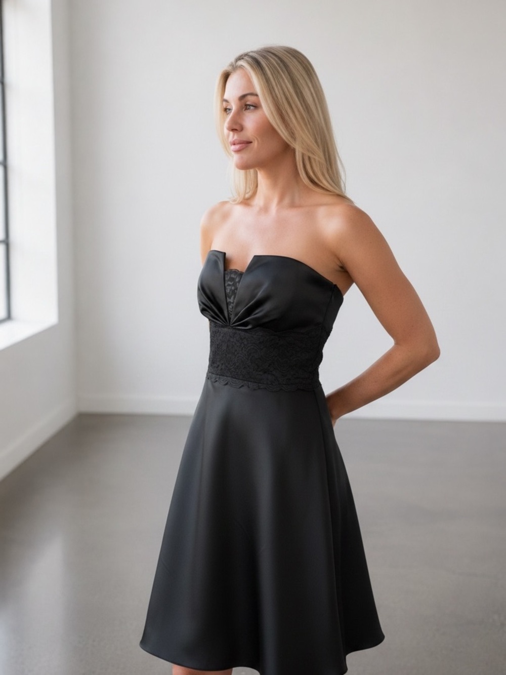 WHBM Black Strapless Satin Lace Cocktail Dress Size 8